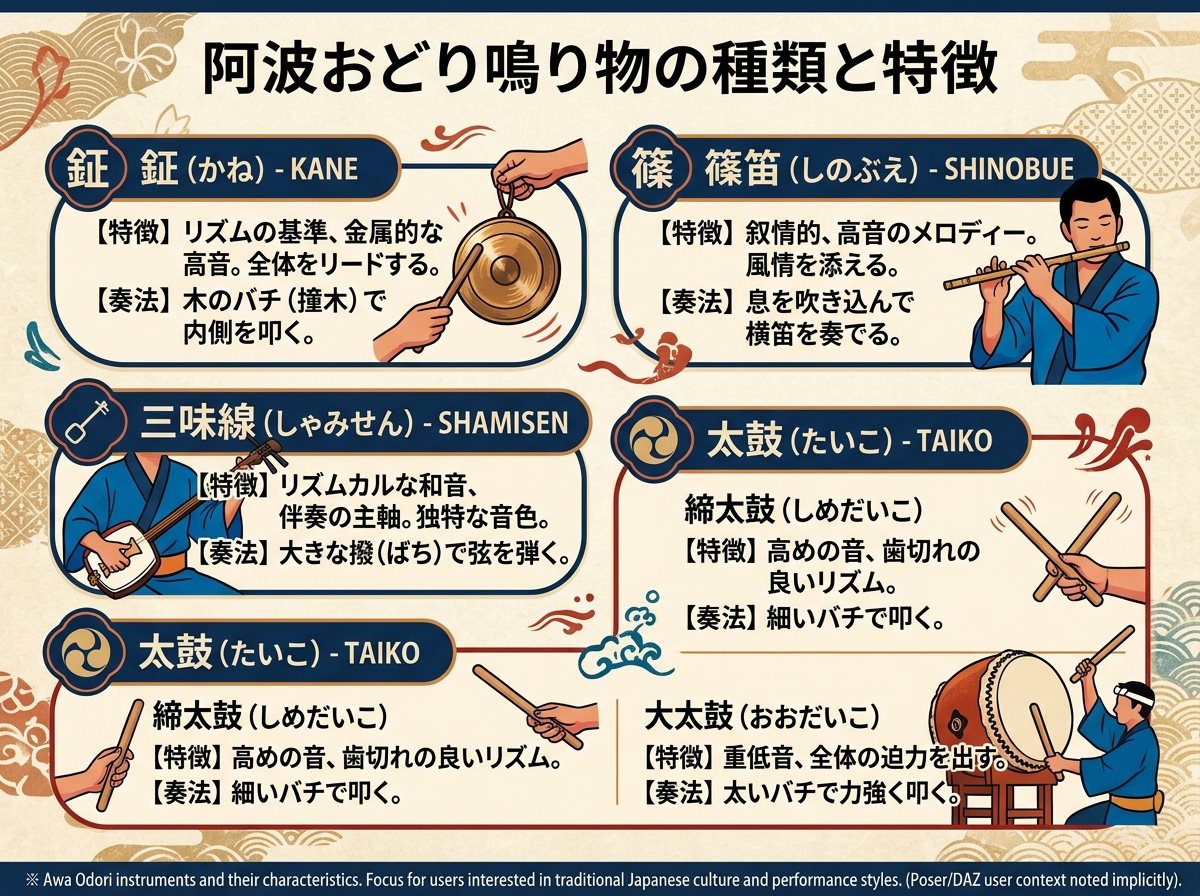 阿波おどり鳴り物の種類と特徴