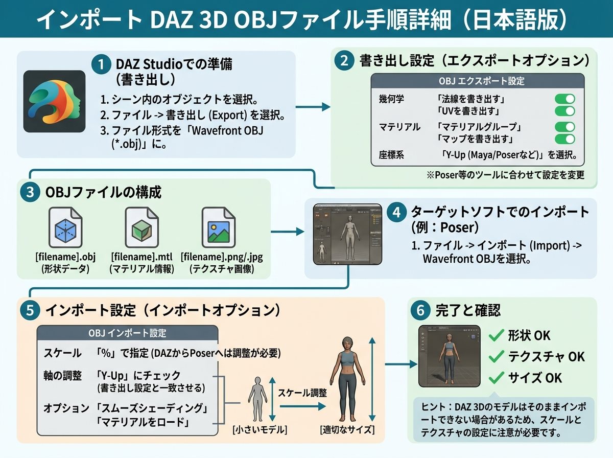 インポート DAZ 3D OBJファイル手順詳細