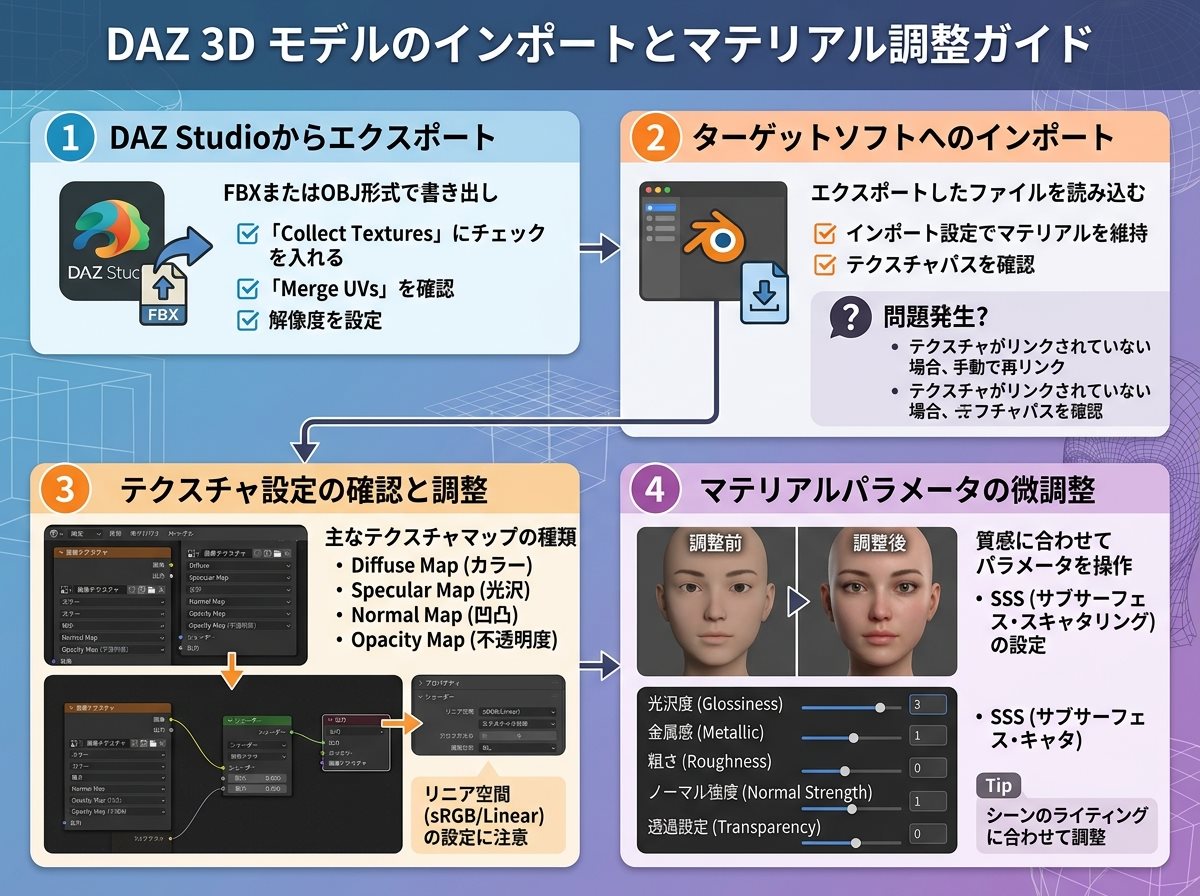 インポート DAZ 3D テクスチャ設定とマテリアル調整